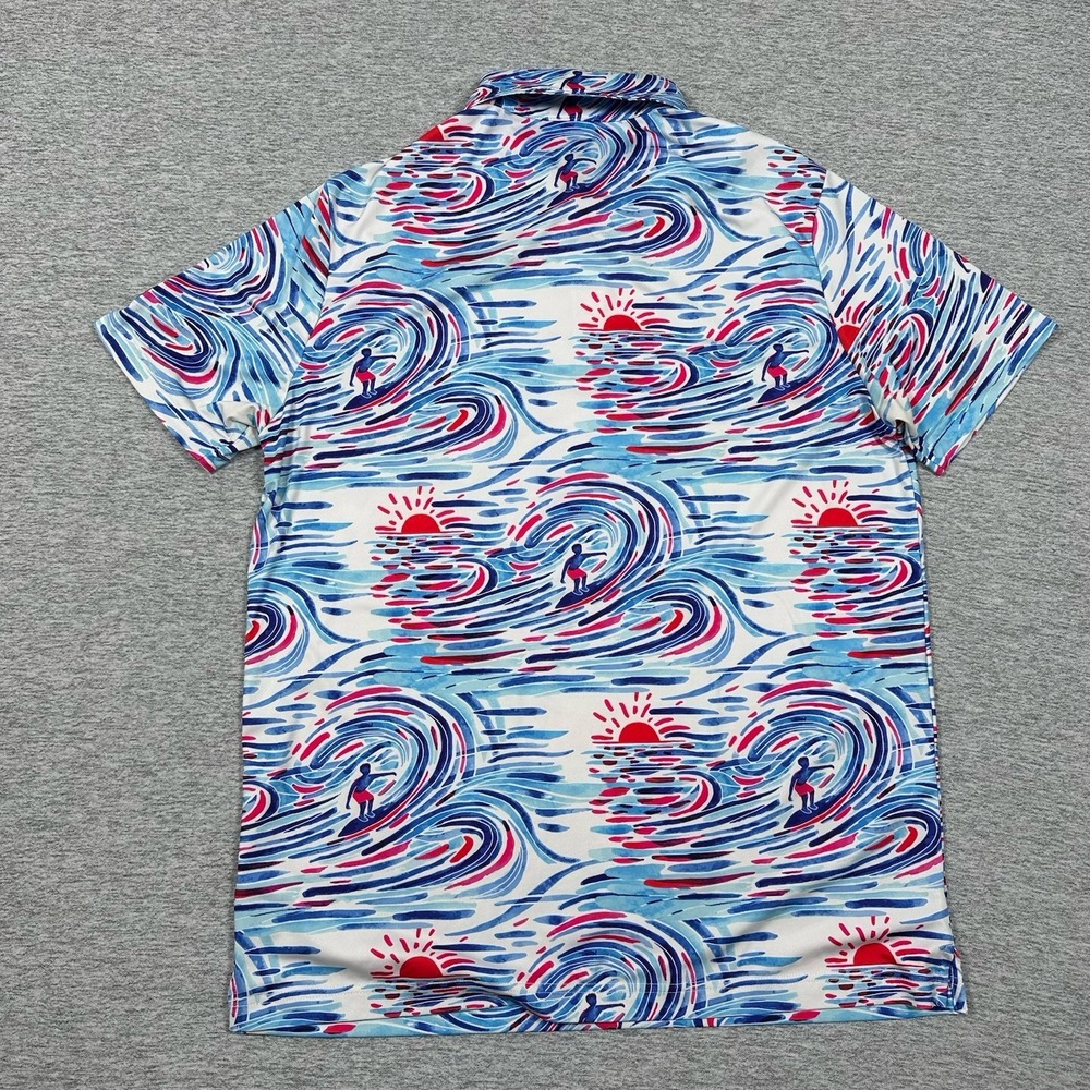 Sunday Swagger Polo Shirt Mens Medium Blue Red Surfer Ocean Print Stretch Golf - Picture 3 of 9